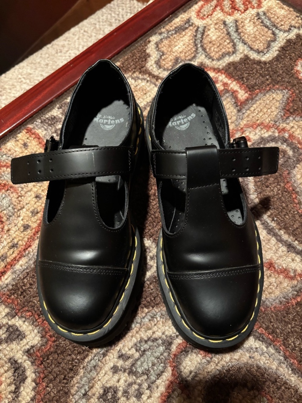 Dr. Martens Womens Black T-Strap Mary Jane Shoes with Yellow Stitching - Picture 5 of 7